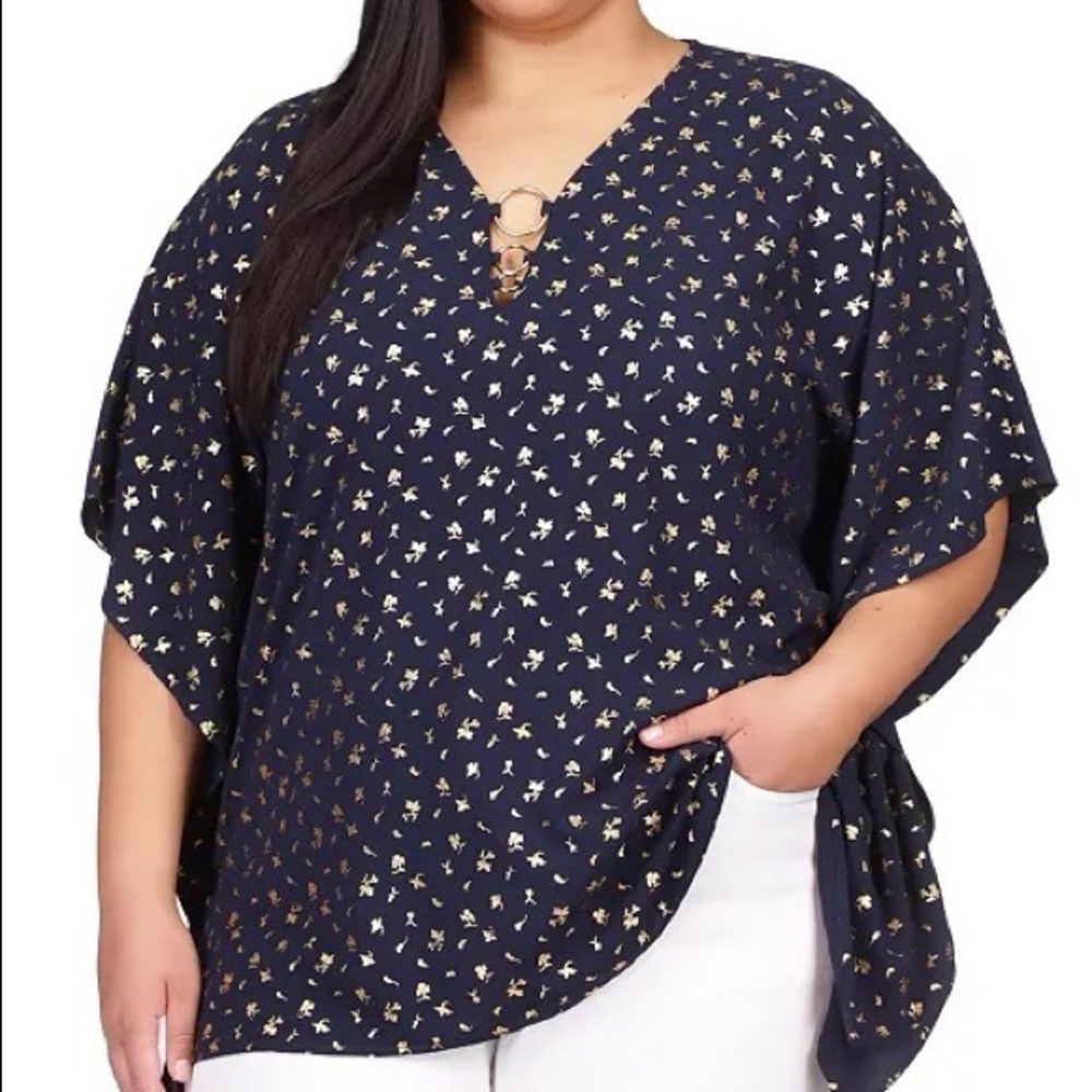 Michael Kors Navy and Gold Floral Poncho Blouse Top Size S/M NWT